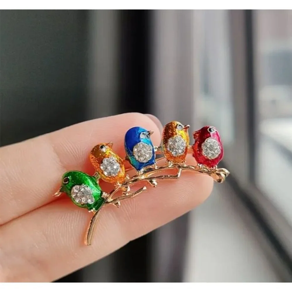 5 Five Bird Birds on a Branch Brooch Pin Blue Red Green Enamel Rhinestones Gold